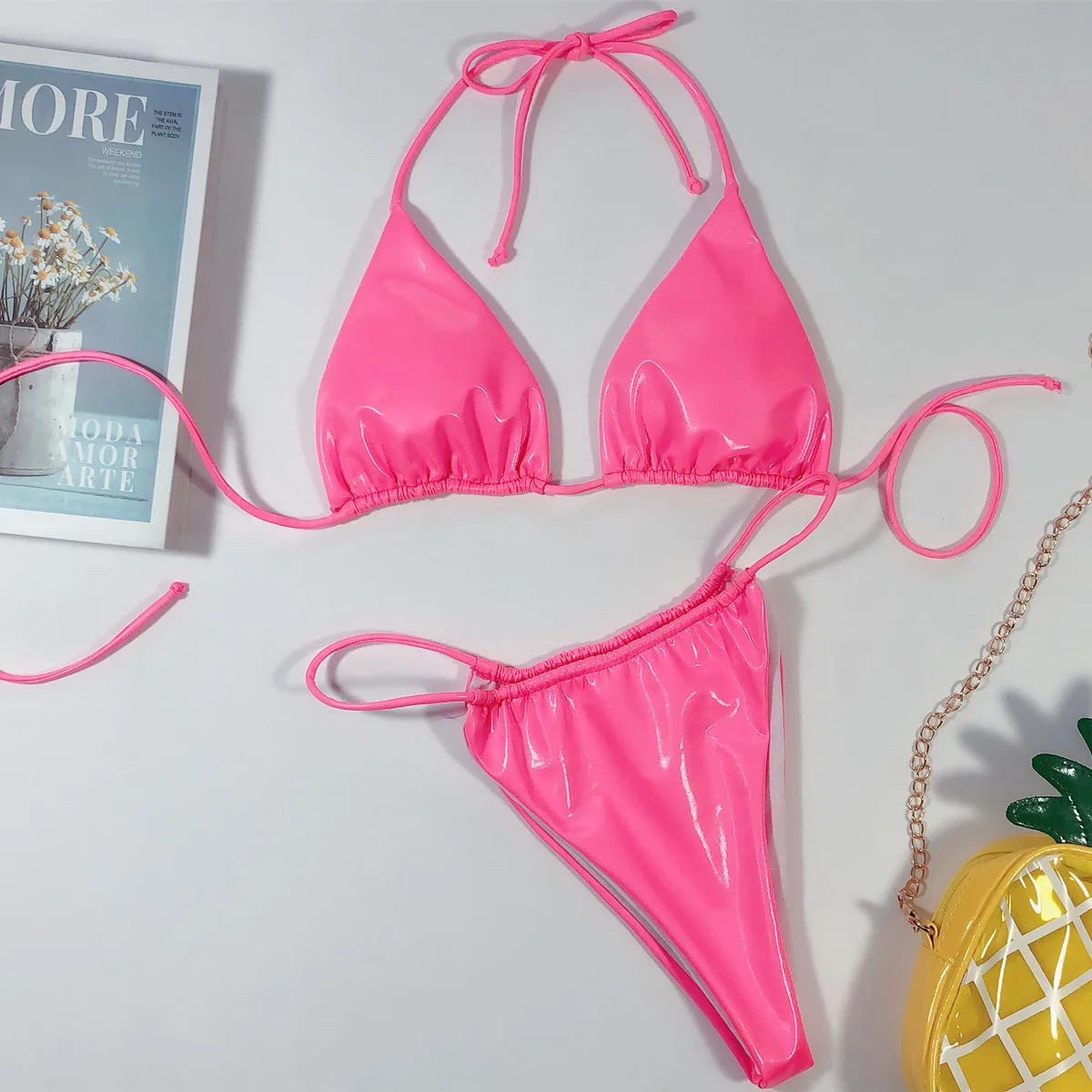 hot pink Сексуальный микро бикини, женский прозрачный купальник с пентаграммой, неоновый прозрачный купальник с ремешком, бразильские стринги, купальник для загара - Color: hot pink