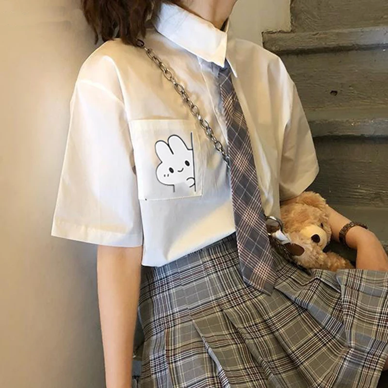 Женские белые блузки рубашки 2022 летние топы с коротким рукавом и принтом кролика