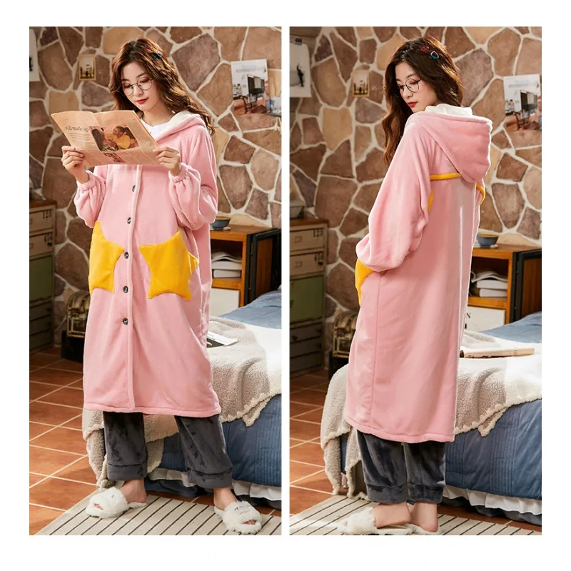 M-5XL Women'S Autumn And Winter New Coral Fleece Pajamas Long Sleeve Cardigan Nightgown Home Service