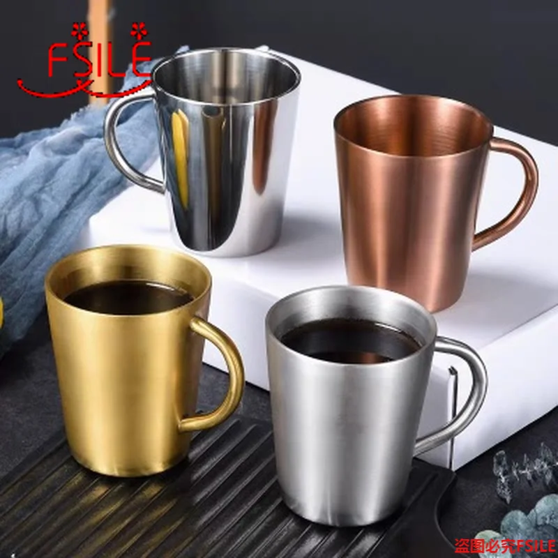 

350ml FSILE Korean 304 Stainless Steel Double-layer Water Cup with Handle Beer Mug Insulated Household Coffee Anti-drop Spout