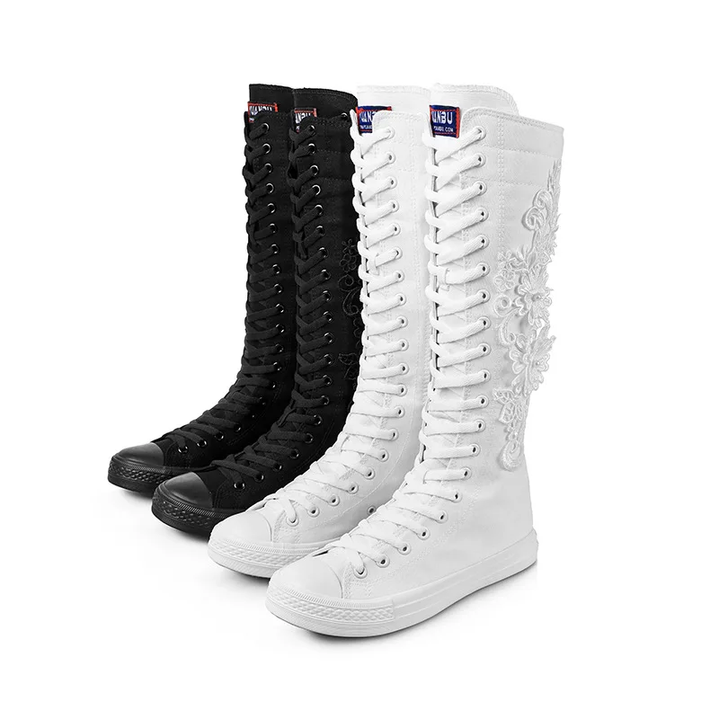 

Women Sneakers High Boots zipper Cotton Cloth Shoes Appliques Knee-High Canvas Casual Woman Shoes Black White Ladies Large Sizes