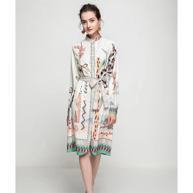 

Женское платье-рубашка с воротником-стойкой, модельное Повседневное платье с длинным рукавом и цветочным принтом с поясом, весна-лето NP1430