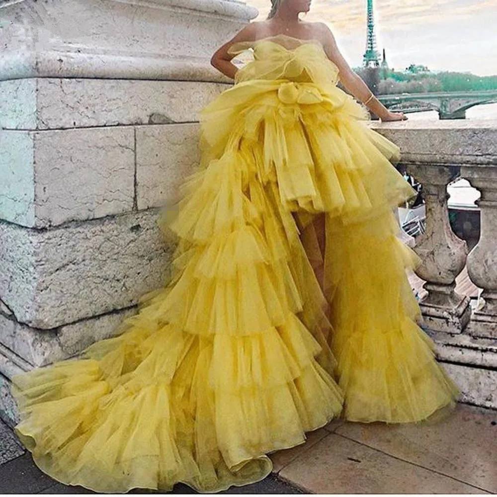 

Puffy Strapless Prom Dresses High Low Tiered Tulle vestidos de novia Princess Girls Party Dress Custom Made Evening Dress Cheap
