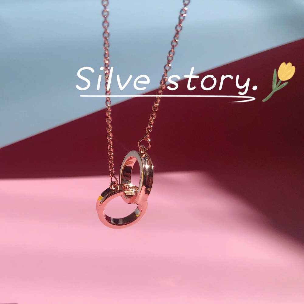 

New classic contracted personality 2-ring pendant 1:1 S925 pure silver collar bone chain lovers valentine's birthday present