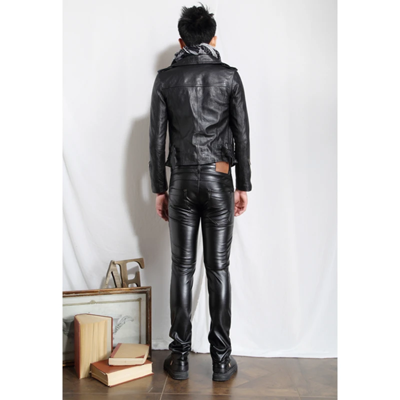 Индивидуальные мужские кожаные брюки облегающие из искусственной кожи