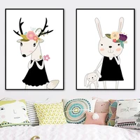 rabbit family deer rose flower cartoon wall art canvas painting nordic poster and prints wall pictures kids room nursery decor