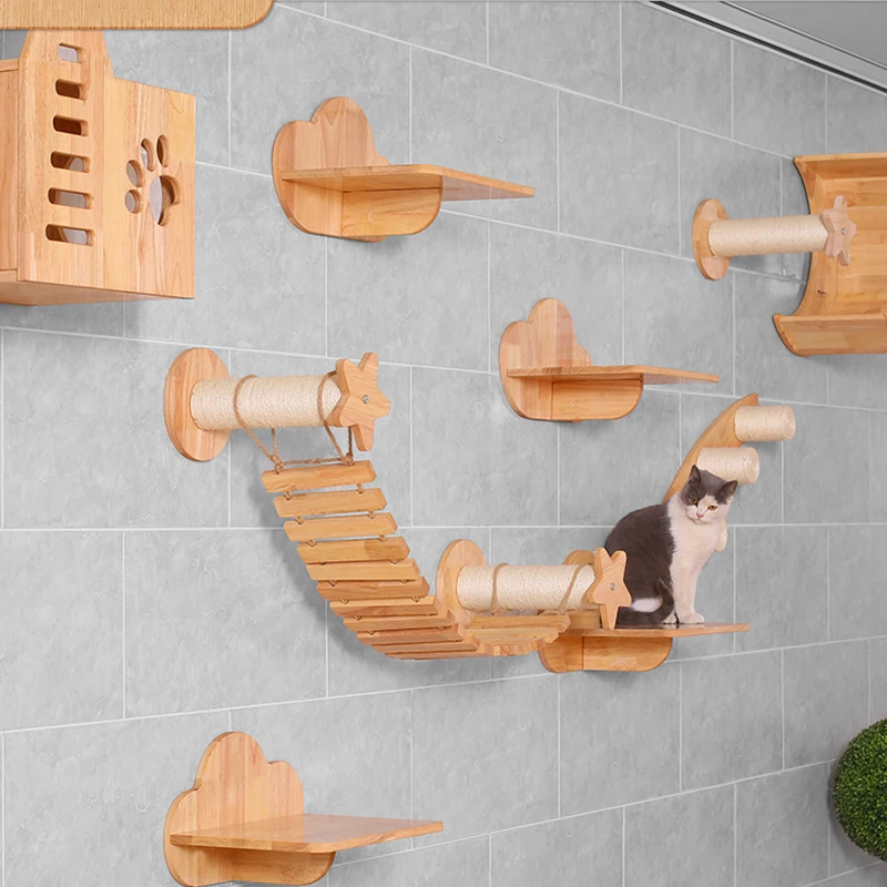 

Wall-mounted Cat Climbing Frame Solid Wood Star Suspension Bridge Jumping Platform Springboard Cat Nest Handmade DoItYourself