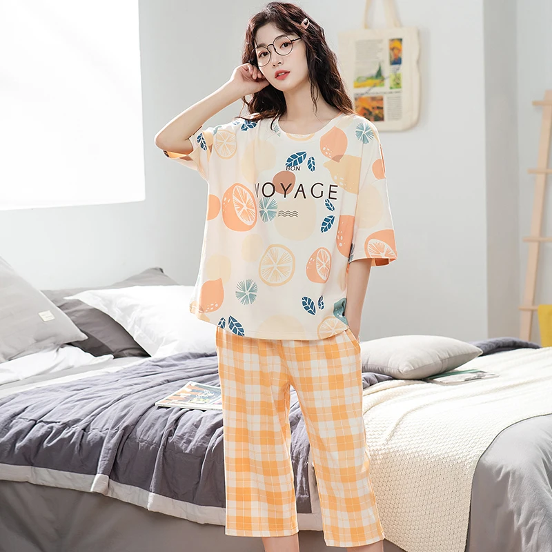 Пижама женская хлопковая трикотажная с коротким рукавом домашняя одежда для