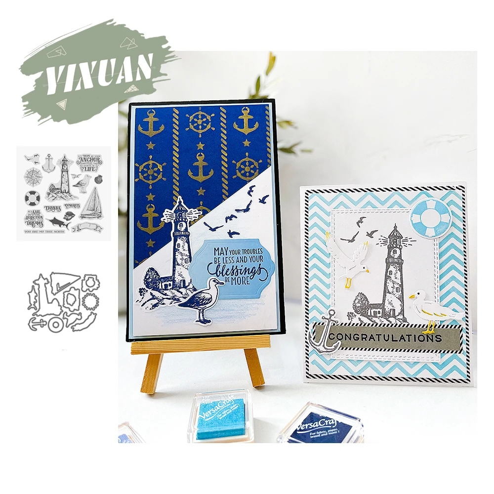 

YIXUAN Seaside Lighthouse Seagull Metal Cutting Dies Clear Stamp DIY Scrapbook Cut Dies Stamps Template Paper Card Stencil Decor