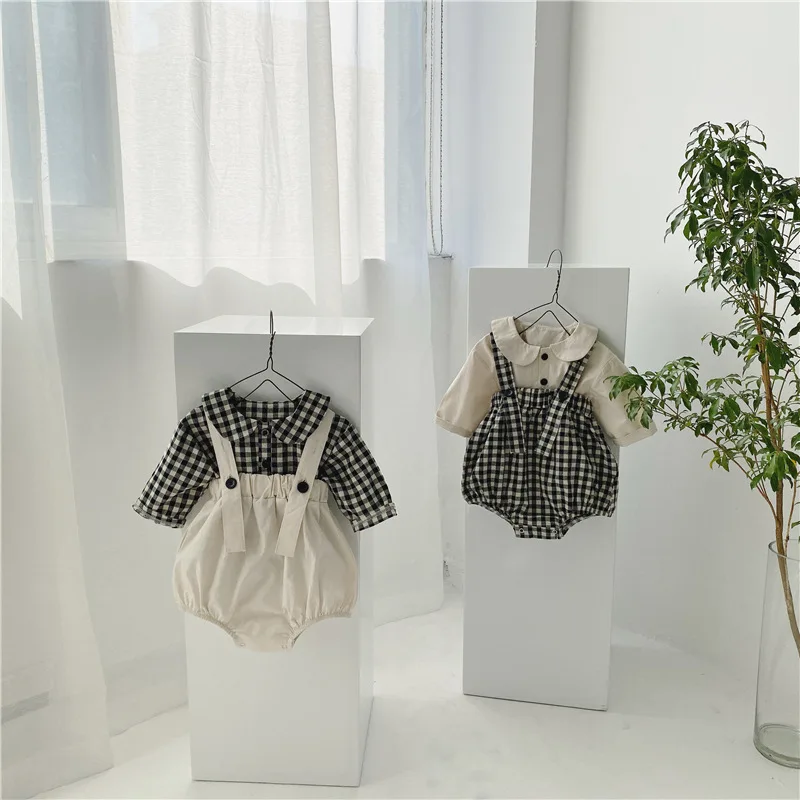 

Newborn Baby Girl Clothes Set Spring Plaid Baby Shirt + Romper 2pcs For Toddler Baby Clothing Set For Girl Boy Casual Suspender
