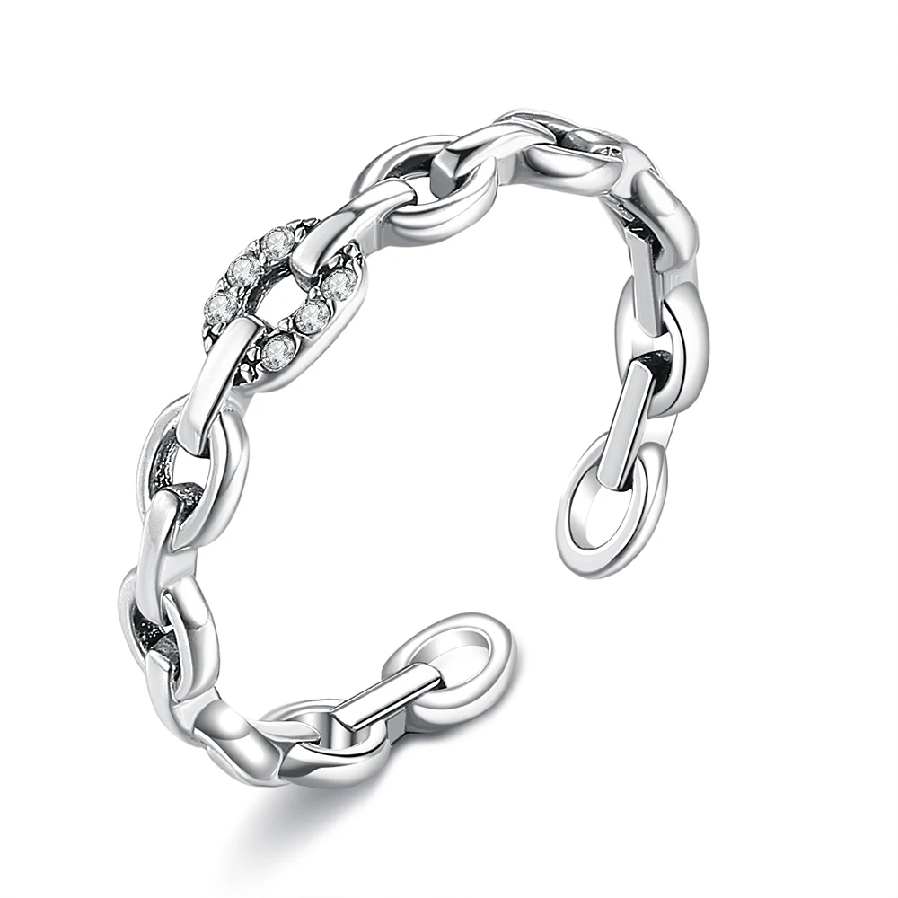 

SILVERHOO 925 Sterling Silver Opening Geometric Chain Ring For Women Cubic Zirconia Female Finger Rings Wedding Fine Jewelry