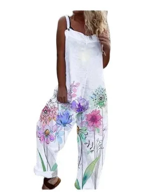 

Women Summer Jumpsuit Printed Middle Waist Overalls For Women Cotton And Fashionable White Cotton Wide Leg Pants Hemp Playsuit