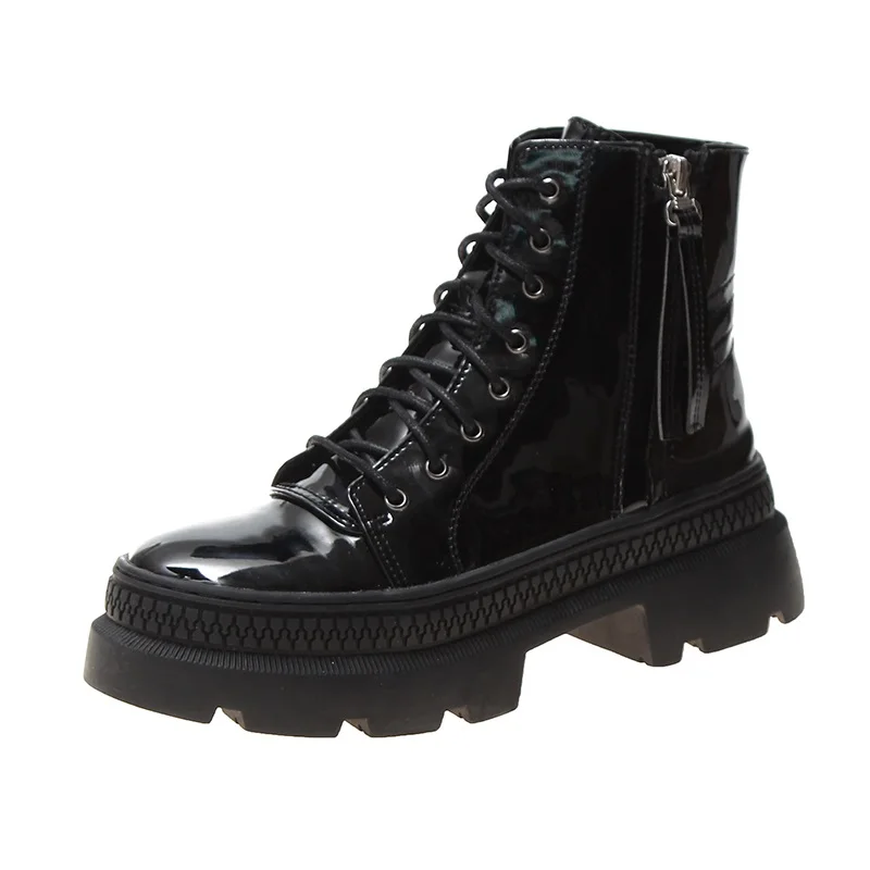 Женские ботильоны из лакированной кожи мотоциклетные ботинки женские на