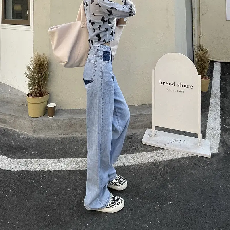 

Korean chic straight jeans women's spring and summer retro color matching pocket high waist loose skinny wide leg jeans fashion