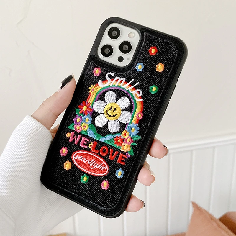 

Embroidery Cartoon Rainbow Sunflower Phone Case For iPhone 12 Pro Max 11 X XR XS Max 8 Plus Cute Colorful Flowers Soft Cover