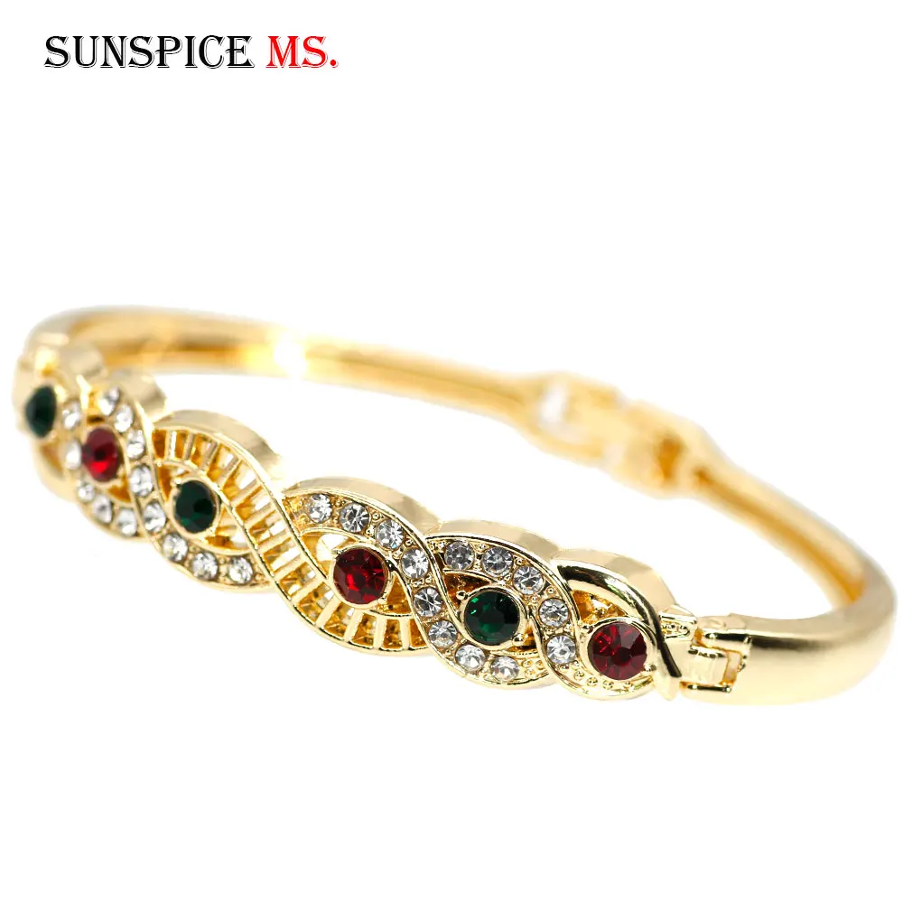 

Sunspicems 18K Gold Color Arabic Cuff Bracelet For Women Algeria Morocco Bride Wedding Jewelry DuBai Rhinestone Thin Bangles