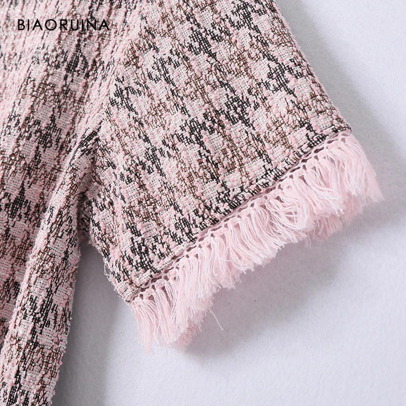 BIAORUINA женское шикарное твидовое лоскутное прямое мини-платье с кисточками