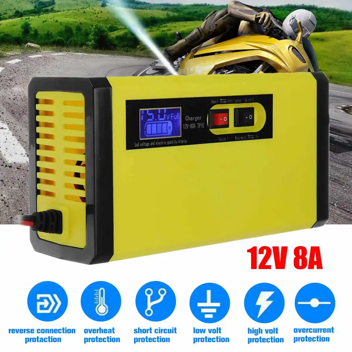 Интеллектуальное зарядное устройство 100-240 в, 100 Вт, 12 В, 8 А, импульсный Ремонт для автомобиля, мотоцикла, мокрого свинцово-кислотного типа, штепсельная вилка ЕС/CN, ЖК-дисплей, световесы