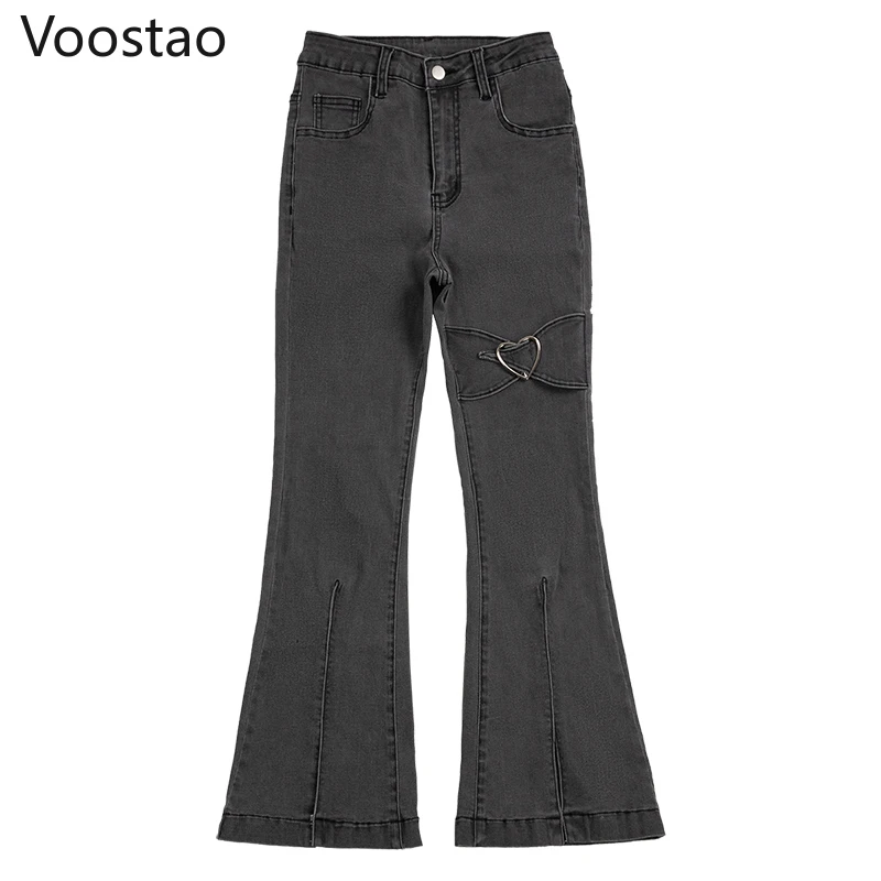 Брюки-клеш Женские джинсовые с завышенной талией и металлической пряжкой |