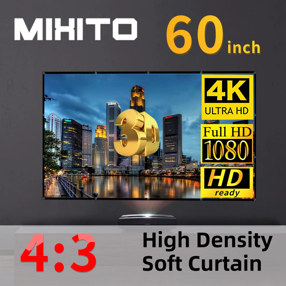 

MIXITO High-Density 60 72-Inch 4:3 Projector Screen 1080P 3D Enhanced High-Definition Portable Foldable Projection Movie Screen
