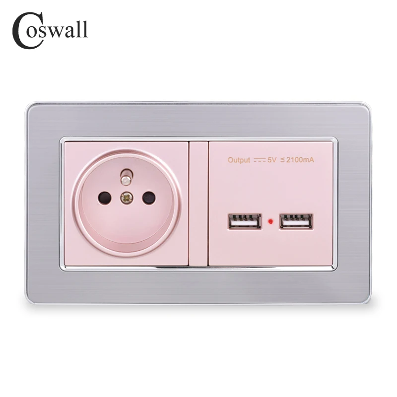 COSWALL настенная розетка, французский стандарт, розетка с двумя USB, умный индукционный порт зарядки, 5 В, 2.1A выход, панель из нержавеющей стали