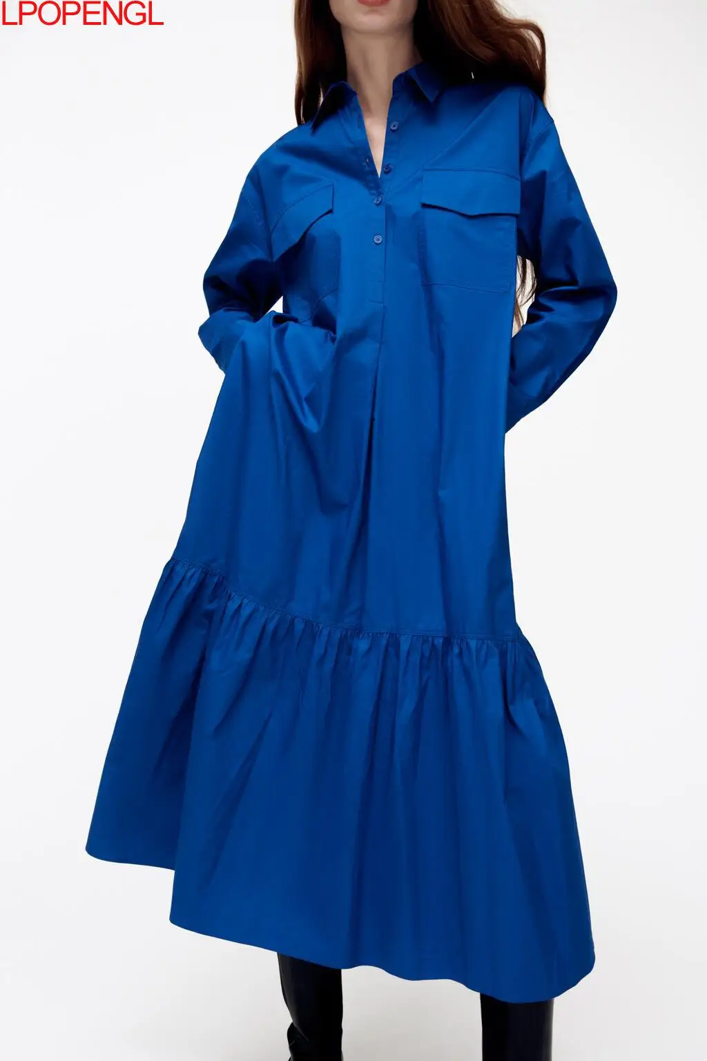 

Original Design Pleated Splicing Long Shirt Dress Fashion Casual Loose Long Sleeve Simplicity Turn-down Collar 2021 Autumn New