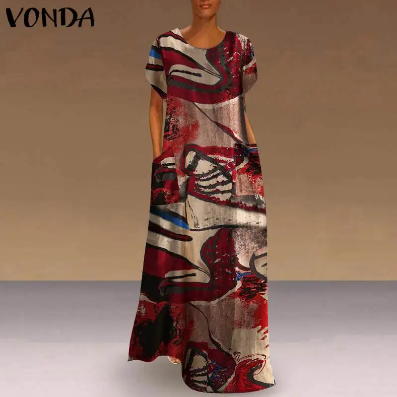 

Women Dress Vintage Printed Dress Short Sleeve Robe VONDA Female Casual Bohemian Summer Beach Sundress