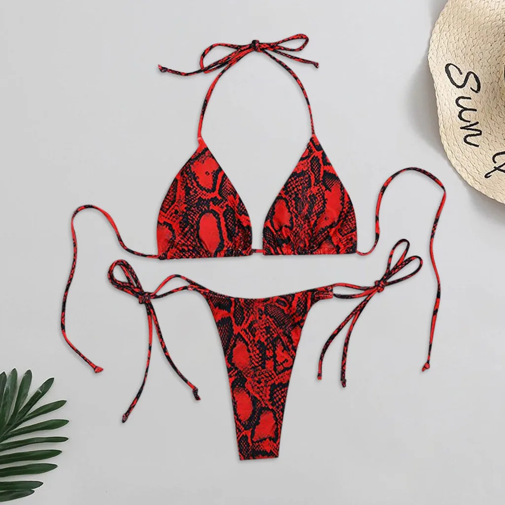 Женский купальник сексуальный комплект бикини змеиная кожа принт шнуровка
