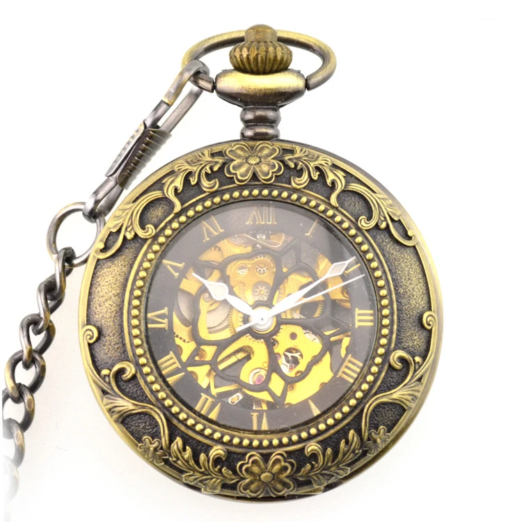 

5pcs/lot Fashion Steampunk Pendant for Men Women Hand Winding Mechanical Pocket Watch Roman Numerals Skeleton Watches FOB Chain