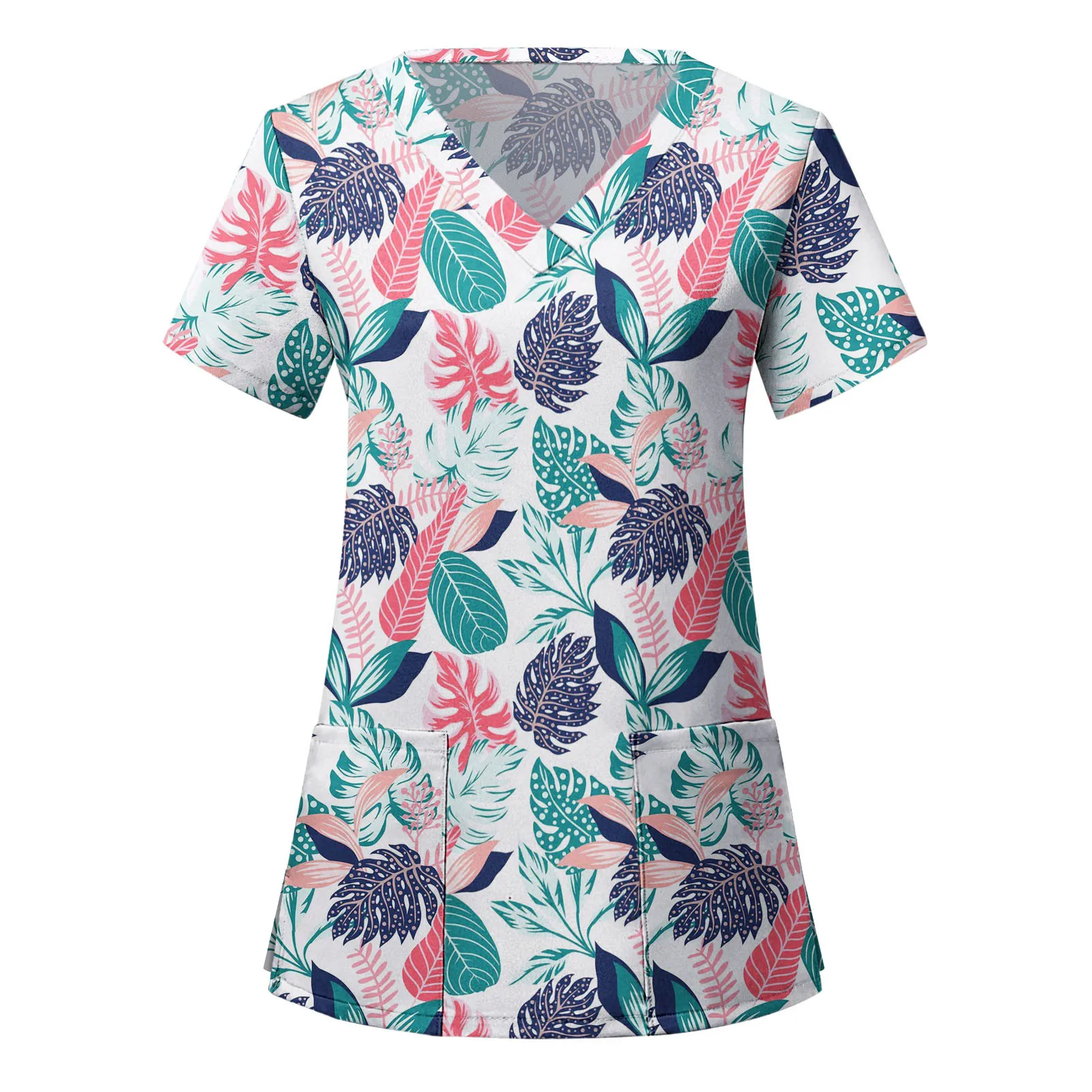 

Casual Nurse Uniform Floral Print Women Short Sleeve Tops V-neck Blouse Shirt Pocket Beauty Care Scrub Uniforms Enfermera Mujer