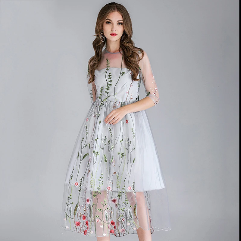 Женское Сетчатое платье с цветочной вышивкой длинное О-образным вырезом и