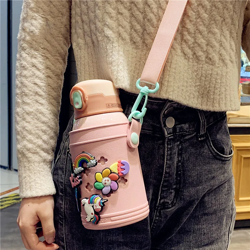 550 мл креативная нержавеющая стальная термосная бутылка с крышкой-соломинкой милый детский тумблер школьный термос с вакуумным флаконом воды с ремешком.