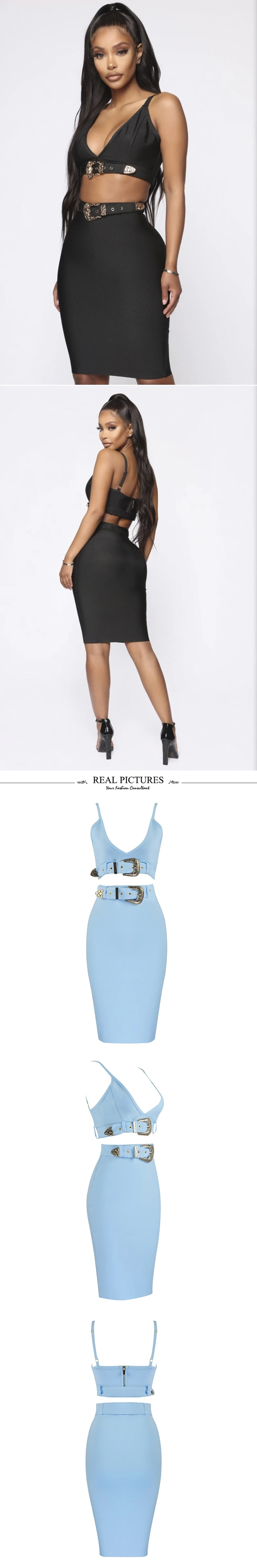 VC All Free Shipping Hot New Trendy Two Pieces Set Sashes Design Sexy Spaghetti Strap Celebrity Party Skirt Suit
