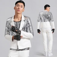 nightclub male singer bar dj rock punk silver sequin pu clothing suit leather show costumes male rave outfit dance costumes 2020