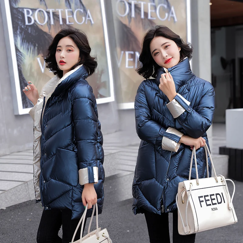 

Stand Collar Winter Women's Thick Cotton Padded Jacket Glossy Warm Long Puffer Coat for Female Plus Size Zipper Parkas Outwear