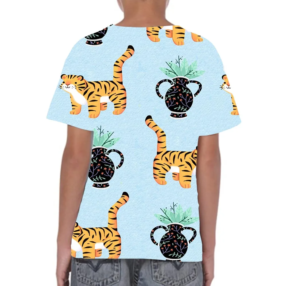 

Kid Graphic T Shirts Round Neck 3D Print Baby Short Sleeve Boy Lovely Tops Cartoons Tiger Tees