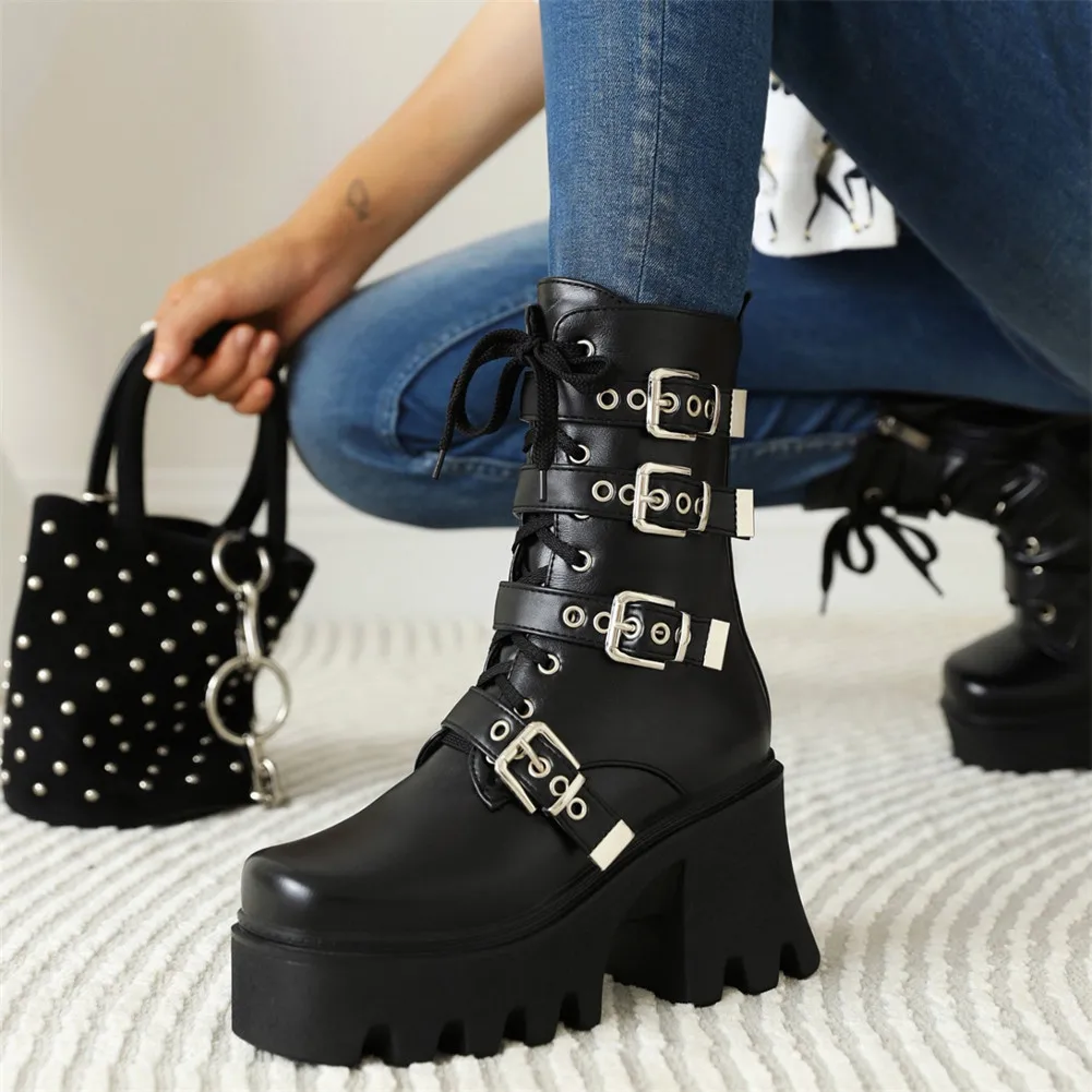 

SARAIRIS Fashion Metal Decoration Platform Concise Women Shoes Solid Street Style Square Heel Women Boots