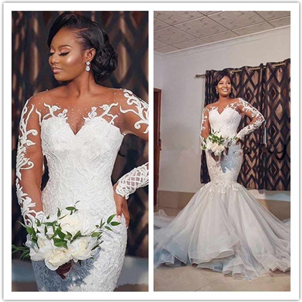 

Sheer Neck Illusion Long Sleeve Wedding Dresses 2020 African Lace Applique Sweep Train Plus Size Mermaid Bride Wedding Gown