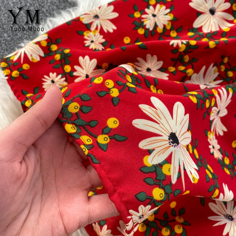 YuooMuoo Flower Print Elegant Women Dress Short Sleeve Vintage Midi Beach Party V Neck Drawstring A Line Streetwear | Женская одежда