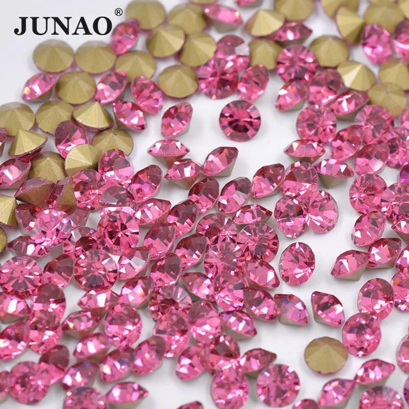 

JUNAO SS 6 8 10 12 16 20 30 Rose Color Point Back Glass Rhinestone Applique Round Diamond Strass For DIY Nail Art Decoration