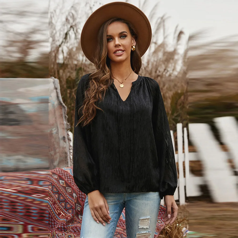 

Женская шифоновая рубашка с V-образным вырезом и длинным рукавом