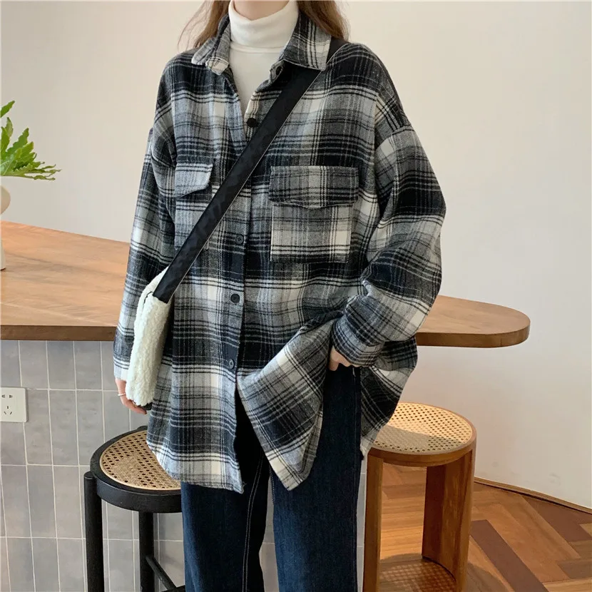 

Autumn Winter Women'S Retro Shirt Woolen Plaid Literary Jacket Oversized Brushed Blouse Chic Girl Sale Boyfriend Style Tops 2021