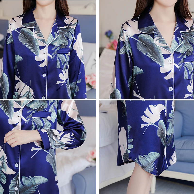 CAIYIER Sexy Silk Night Dress Winter Women Long Sleeve Sleepwear Flower Print Lingerie Sleepshirt Large Size Home Dress M-3XL