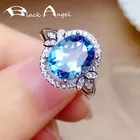 Женское кольцо с овальным синим топазом BLACK ANGEL, свадебное украшение из стерлингового серебра 925 пробы с драгоценными камнями, бижутерия, подарок на Рождество