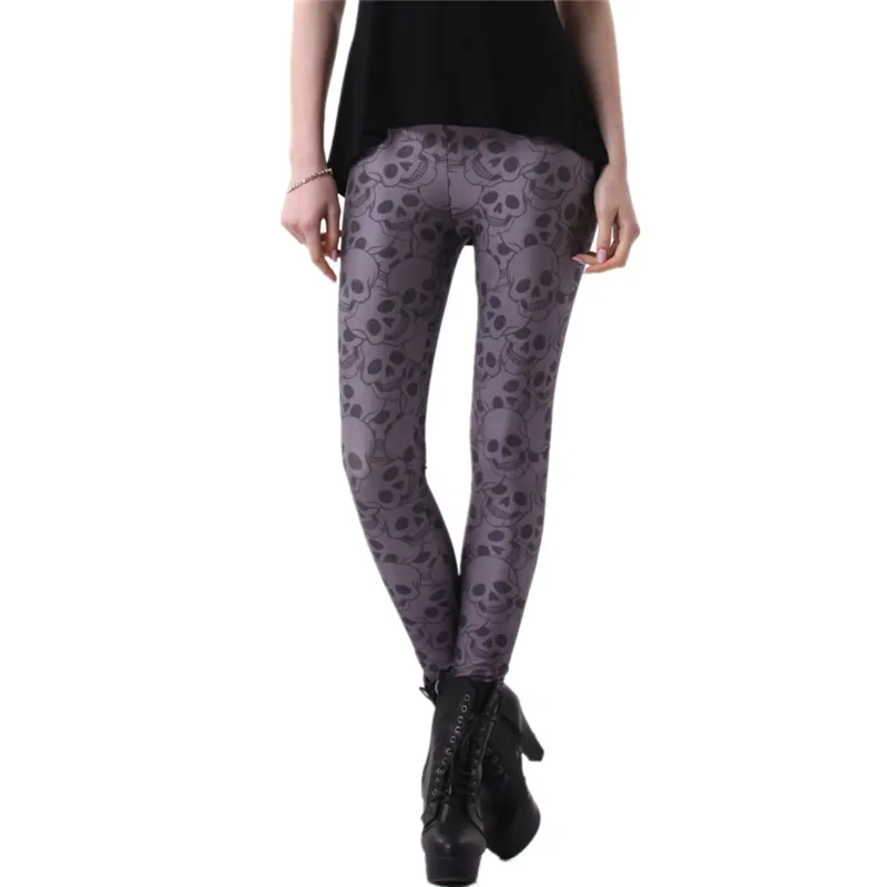 DOUBCHOW Womens Grey Skull Digital 3D Printing Leggings Pants Maiden Spandex Shiny Stretchy Leggings Costume Skinny Footless