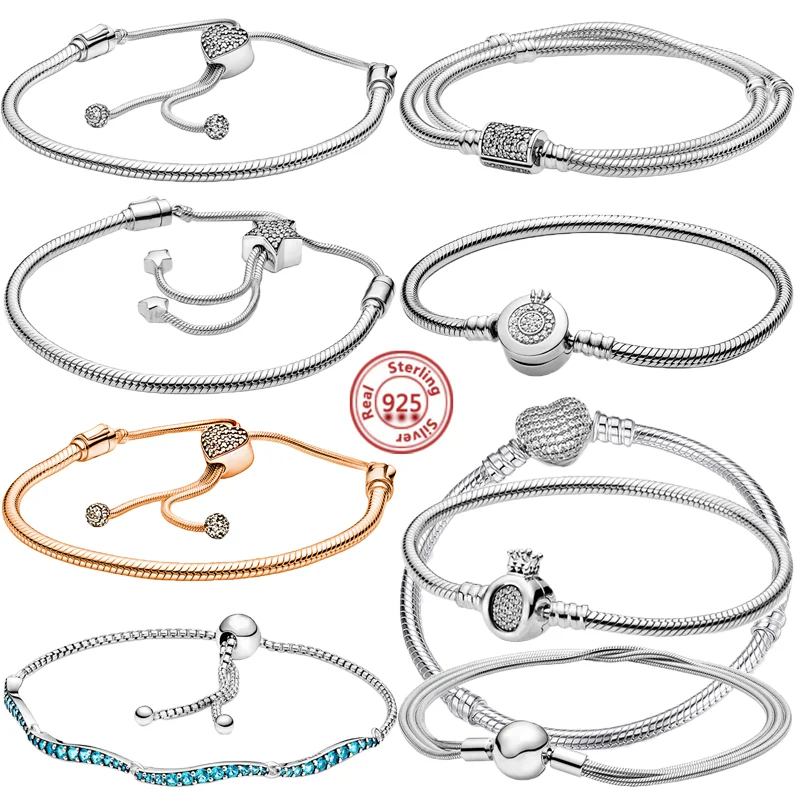 

Top Sale 925 Sterling Silver Pantaro Bracelet Heart Femme Snake Chain Slider Bracelet For Women Fit Original Charm Beads Jewelry