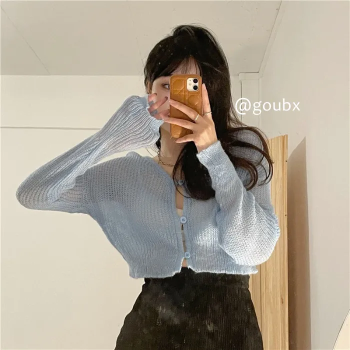 Уличный короткий вязаный кардиган с V образным вырезом сезон весна осень 2021