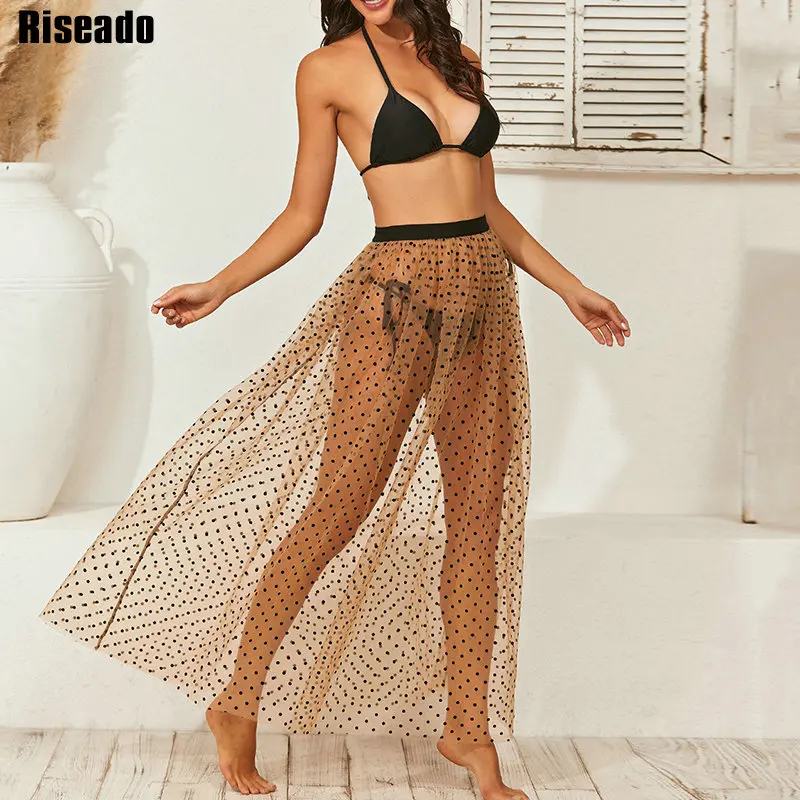 

Riseado Dot Print Beach Outing Mesh Bathing Suits with Skirt Sexy Long Dress Women Beach Swimsuit Summer Swimwear 2022 Cover Up