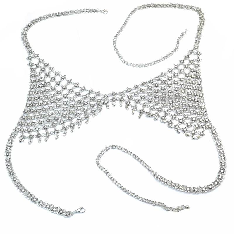 

68UA Women's Body Belly Chain Silver Bra Jewelry Sexy Necklace Bikini Sexy Hollowed Out Chest Chain for Beach Party Women