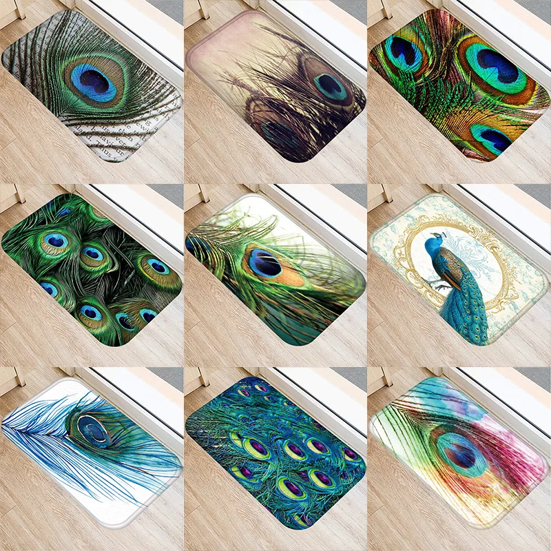 

Peacock Feather Pattern 40*60cm Kitchen Entrance Door Mat Coral Velvet Carpet Rubber Indoor Floor Mats Non-Anti-Slip Rug 48027